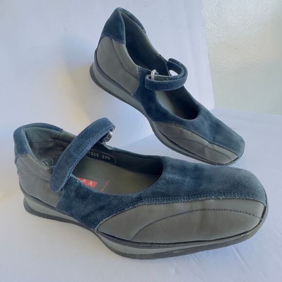 Vintage Prada Blue Suede Mary Jane Trainers Y2K Square Toe Ballerina Flats 8.5 - Picture 4 of 10